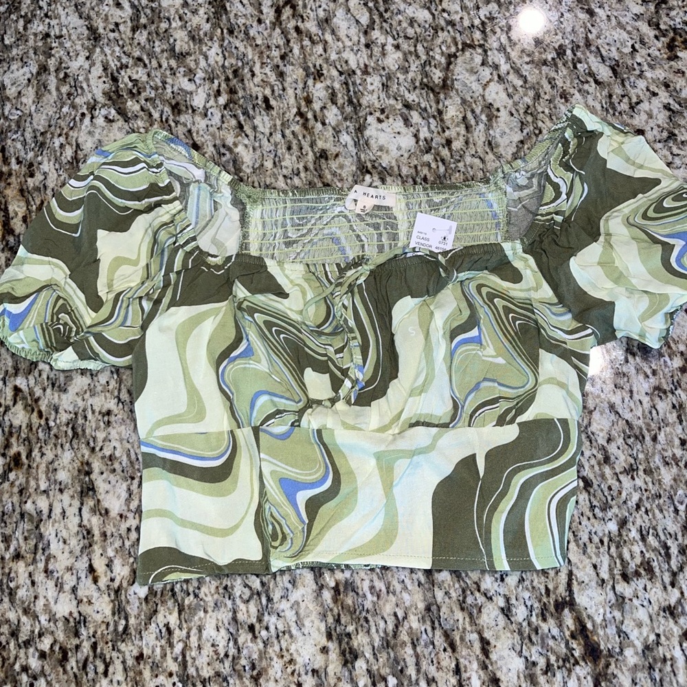 💗GET 20% OFF💗NWT Pacsun LA Hearts Smocked Tie Front Top Green - Picture 4 of 7